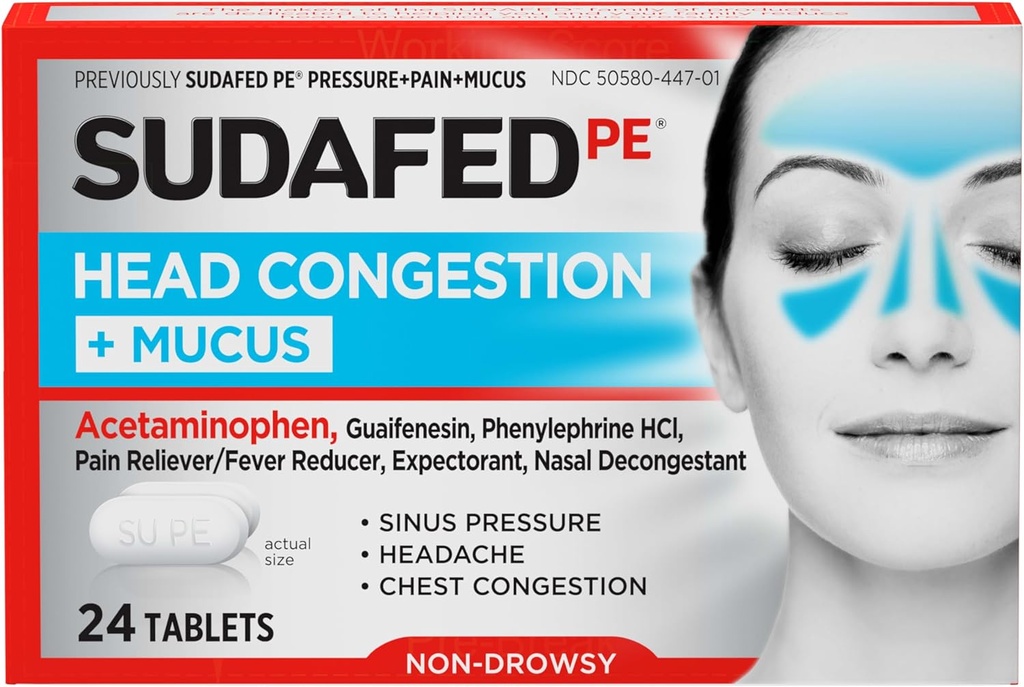 Bat-bateko PE buruen pilaketa + Mucus Relief Tablets for Sinus Pressure, Congestion, & Headache, Non-Drowsy Decongestant with Acetaminophen, Guaifenesin & Phenylephrine HCI, 24 ctt
