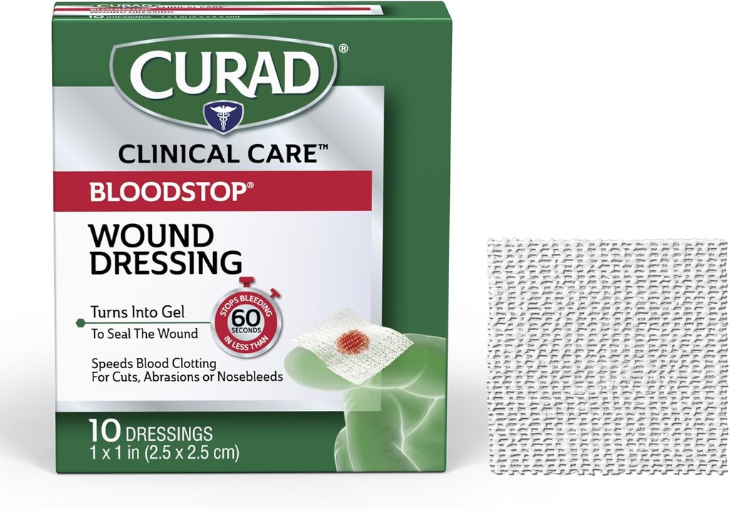 CURAD BloodStop® Wound Dressing 1” x 1” Ajuda a parar de sangrar rapidamente .