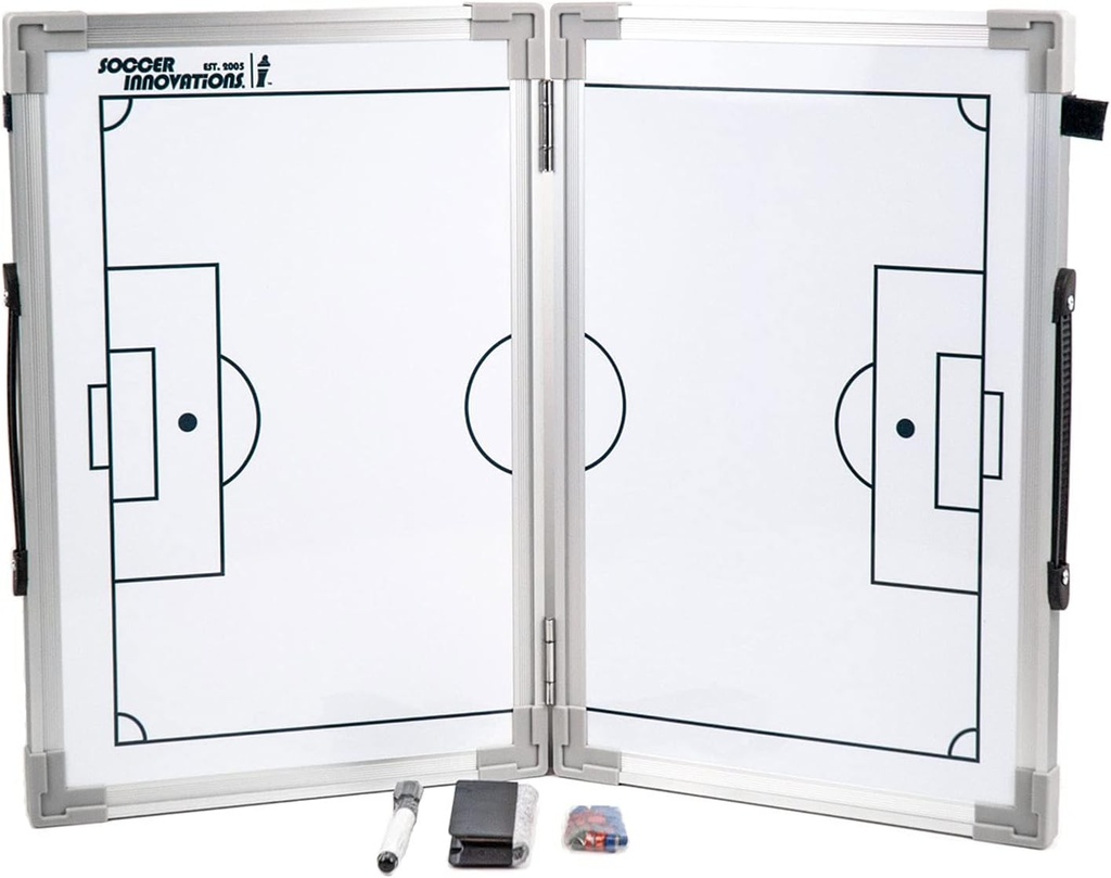 Fotballinnovasjoner Hinged Magnetic Taktisk Coaching Board, ekstremt bærbare tørke slette Hvitt brett for fotball coacher på alle nivåer å utføre taktisk analyse.