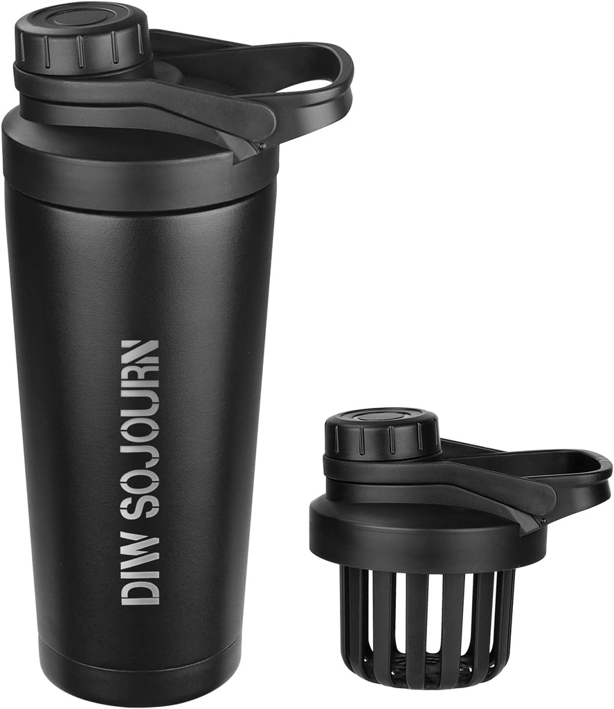 DIW 24 oz Shaker Bottle, нержавеющая сталь Shaker Bottle с бесшумным дизайном, изолированный металлический Shaker Cup для белковых смесей и предварительной тренировки, Gym Bottle Shaker (черный)