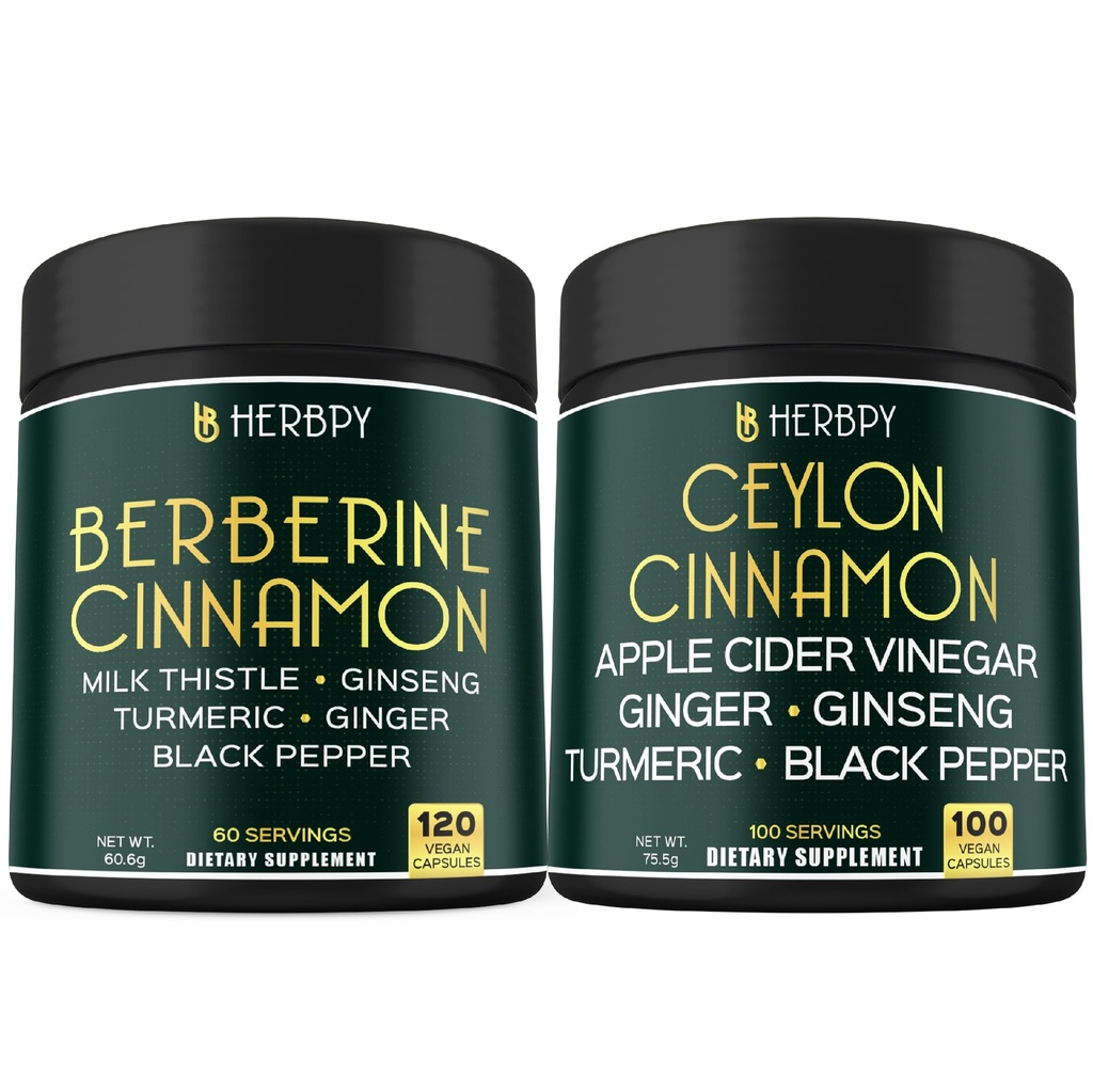 Herbpy Bundle 7in1 Berberine Supplement 1010mg/serving (120 Count 60 Servings) & 6in1 Premium Ceylon Cinnamon Capsules 755mg/serving (100 Count 100 Servings)