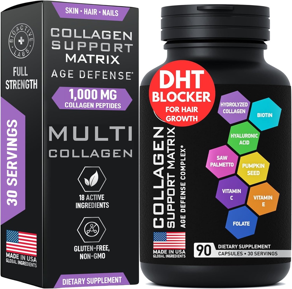 Age Defense Beauty Collagen Matrix - 2000mg Multi Collagen Biotin Keratin Hyaluronic Acid Saw Palmetto Vitamin C Complejo Suplemento - DHT Blocker for Men &amp; Women for Hair Growth - 90 Gorros libres de gluten