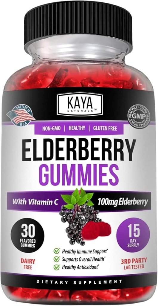 Kaya Naturals Immunune hỗ trợ rau rút, Zammy, Zirc C, Elderberry, E, Lemon Flavor (30 Gummies)