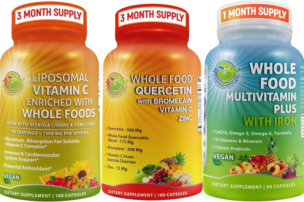 ויטמינים יומיים שלמים - Quercetin with Bromelain תוסף Bundle Up עם Multivitamin Plus עבור גברים ונשים עם ברזל ו Liposomal ויטמין C נוזל Gel - עבור Immune, Respiratory, Digestive Supportive תמיכה