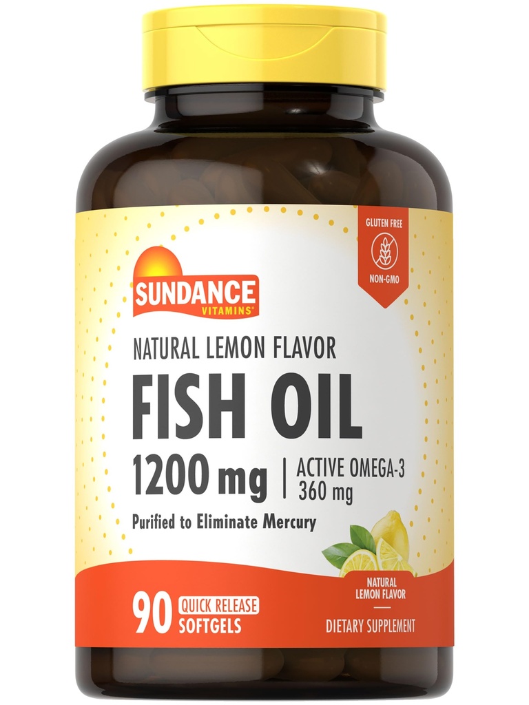 Sundance Fish Oil Softgels 1200mg | 90 Count | with Active Omega-3 | Natural Lemon Flavor | Purified to Eliminate Mercury | Non-GMO and Gluten Free Supplement