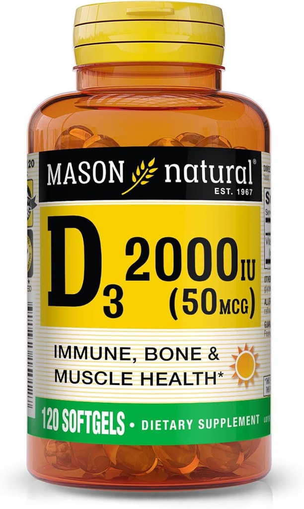 MASON NATURAL Vitamine D3 2000 UI Ultra Strength, soutient la densité osseuse, la force et la santé immunitaire, 120 Softgels
