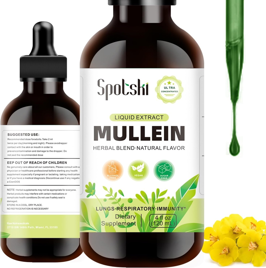 Mullein Drops for Lungs - Lung Detox for respirasjonssystem, naturlig søvnhjelp og immunstøtte, Tinkture Drops Non-GMO, Vegetarisk 1 måneds forsyning