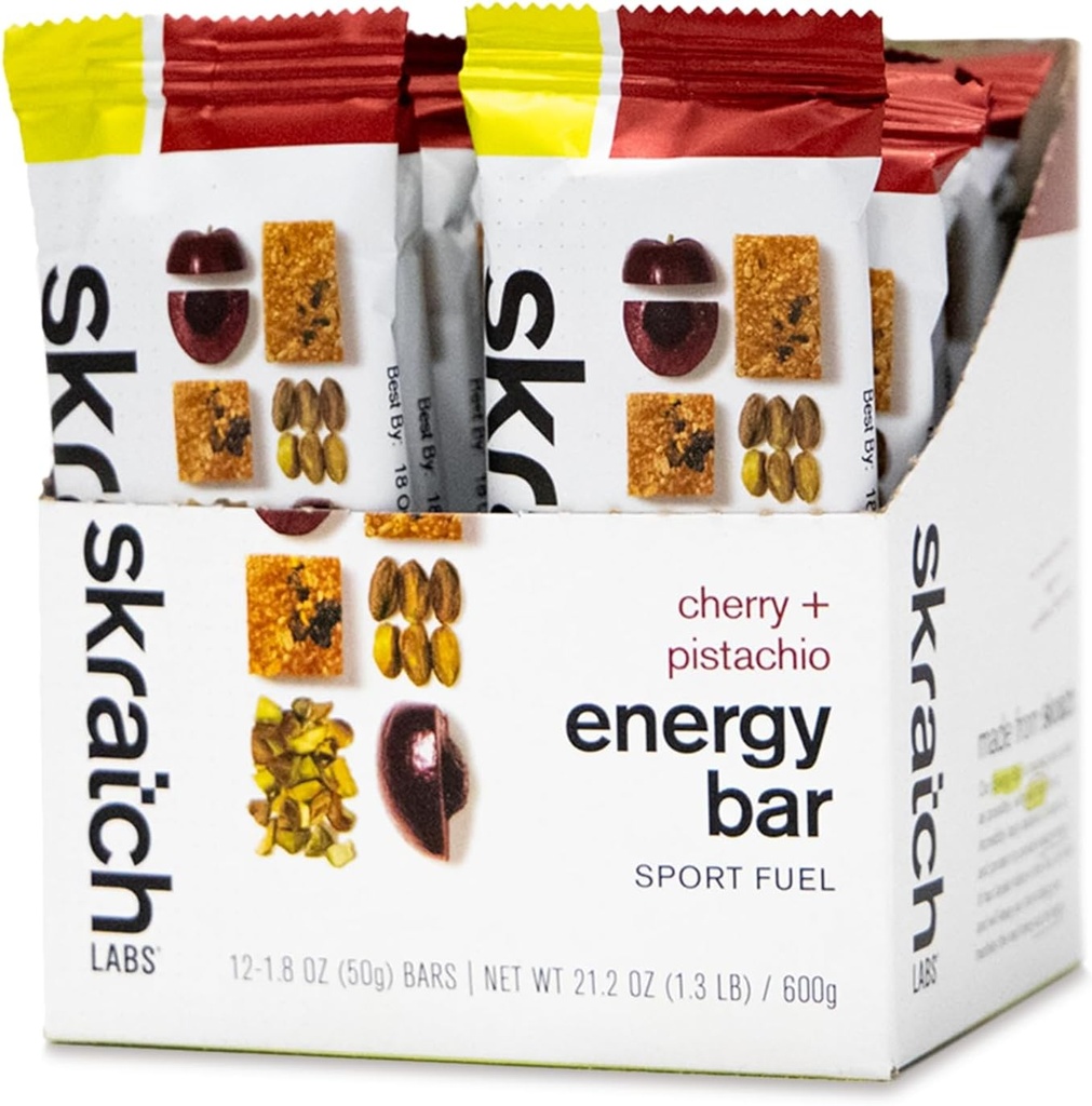 Skratch Labs Energy Bar CLAS124; Cherry + Pistachio (12 Pack) CLAS124; Plant Based Health Snack CLAS124; Nízký cukr - 5g protein CLAS124; Non-GMO, gluten Free, Soy Free, Vegan, Kosher