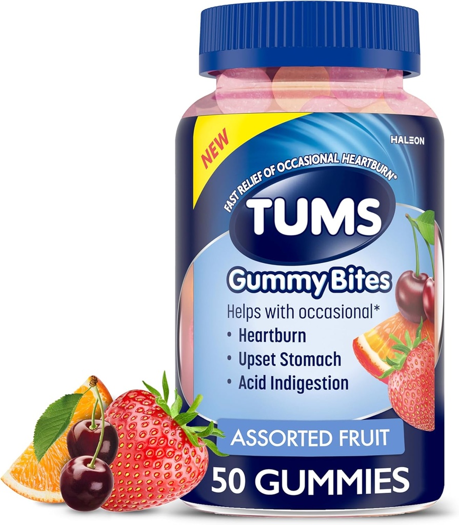 TUMS Gummy Bites Supliment alimentar pentru ocazional Arsuri la stomac, UPS stomac și acid indigestie, arome de fructe asortate - 50 Conte