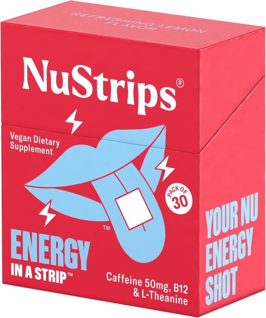 NuStripsTM Fast-Dissolving Energy Strips mit 50mg Koffein, L-Theanin & Vitamin B12 – Instant Energy & Focus ohne Jitter oder Crash – Funktioniert schneller als Kaffee – Refreshing Lemon – 30 Strips