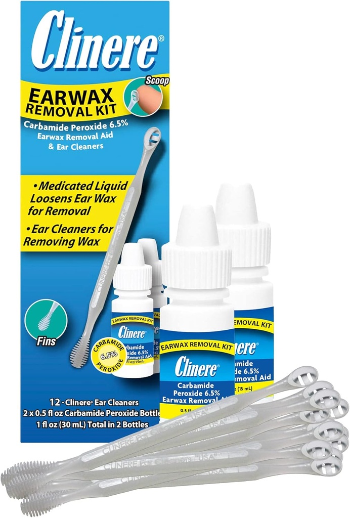 Clinere Earwax Removal Kit, turvallisesti ja hellävaraisesti puhdas korvavaha, kutiaa, toimii välittömästi .5oz Karbamidi Peroksidi, 2 x .5 Fl Oz 12 tikkua
