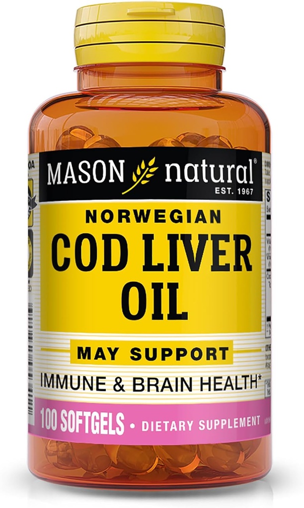 MASON NATURAL Cod Liver Oil Plus Vitamin A & D3 - Sağlam Kalp və Beyin funksiyası, I inkişaf Immunity, Ətraflı Sağlamlıq, 100 Softgels