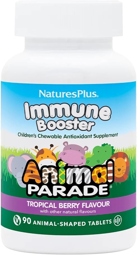 Natures Plus Animal Parade Immune Booster - Tropical Berry Flavor - 90 Animal-Shaped Chewable Tablets - Fornisce il supporto del sistema immunitario - Gluten Free, Vegan - 45 Servings