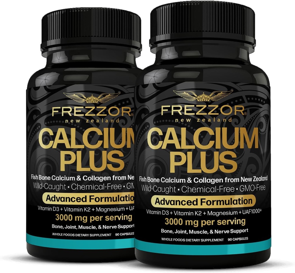 FREZZOR Calcium Plus met UAF1000+ Super Antioxidant voor botten Gezondheid & botdichtheid, Ondersteunt gezond lichaamsgewicht, optimale verhouding van essentiële Bone Building Minerals, NZ Made, 180 caps, 2 maand levering