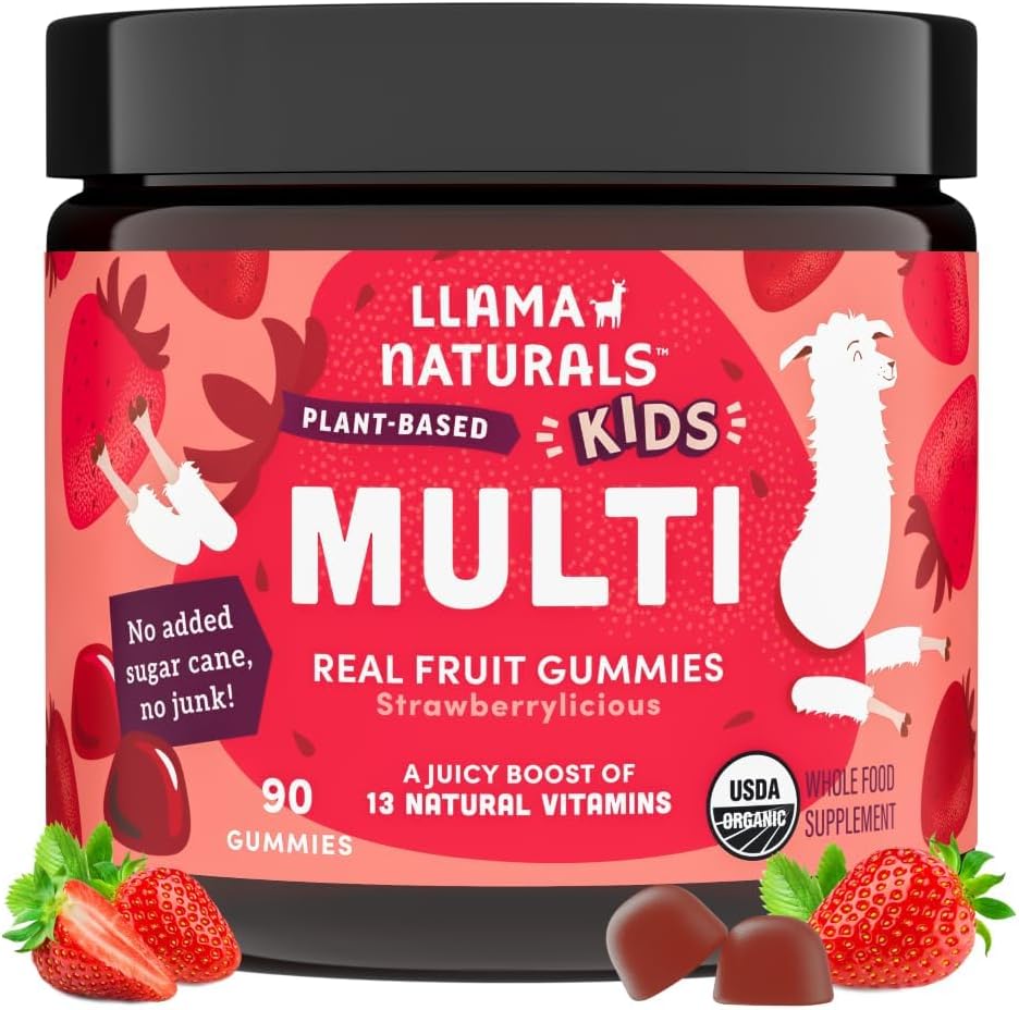 Llama Naturals Kids Multivitamin Gummies, Vegan, D bitamina, C & K, Toddler Real Fruit Gummy Vitamins, Chewable Supplement, Whole Food Multivitamin, No Added Sugar Cane, Strawberry, 90 Ct