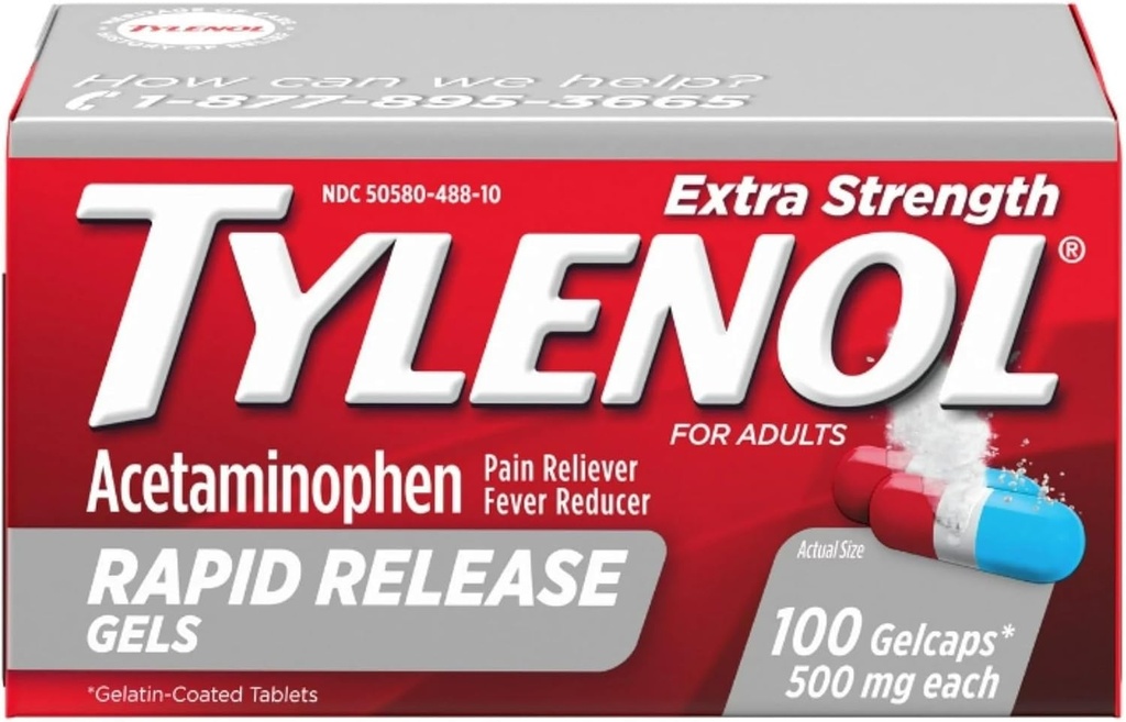 Tylenol Extra Strength Rapid Release Gelcaps, 100 Count Bottles (пакет 2)