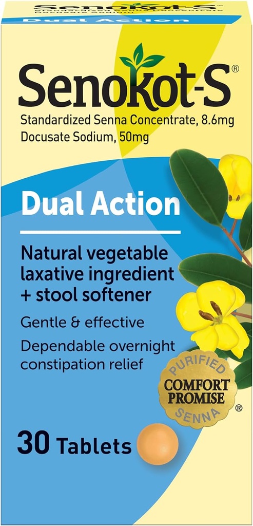 Senokot-S Ingredient laxativ vegetal dual acţiune naturală Plus Stool Softner Tablets, Docusate Sodium, Senna Concentrat, Gentle, Relief Overnight De la constipaţie ocazională, 30 t