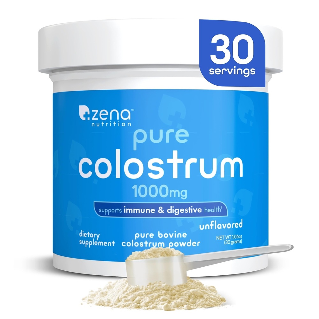 Zena Nutrition Bovine Colostrum Powder Supplement, 1000mg Pure Colostrum, Supports Immune and Digestive Health, Promotes Gut Health, Keto, Gluten Free, Fat Free, Grass Fed, Unflavored, 30 Servings