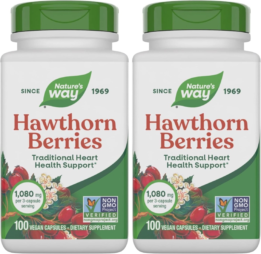 Naturens måte Herbal Hawthorn Berries, Tradisjonell hjerte helsestøtte*, 100 Vegan Capsules (Packing May Vary) (Pack of 2)