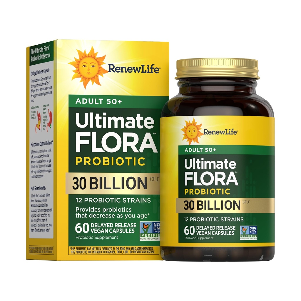 Renew Life Probiotic Adult 50 Plus Probiotic Capsules, Daily Supplement Supports Urinary, Digestive and Immune Health, L. Rhamnosus GG, Dairy, Soy and gluten-free, 30 Billion CFU, 60 Count