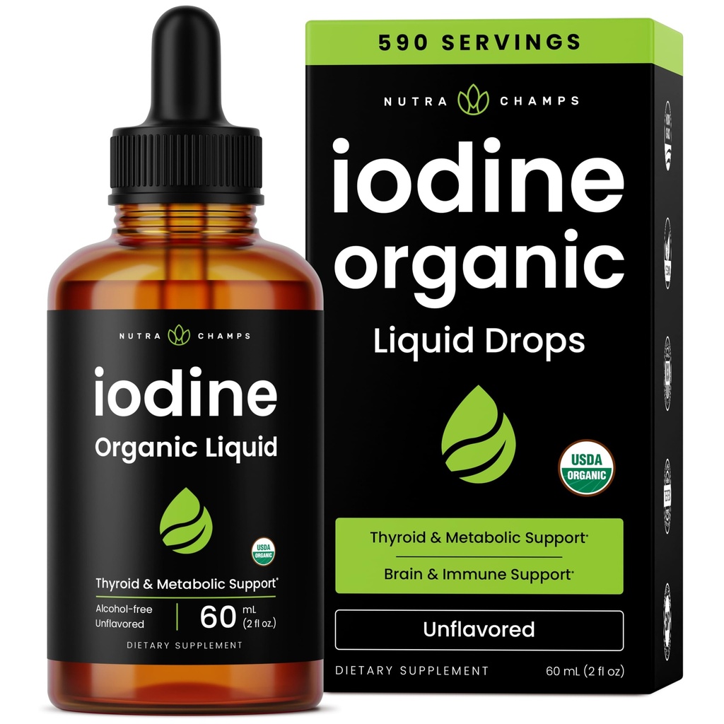 Organic Iodine Liquid Drops - 250 mcg Iodine Supplement for Women & Men - Potassium Iodide Solution 250 mcg - 590 Servings - Thyroid, Hormone & Metabolic Support - Non-GMO, Vegan