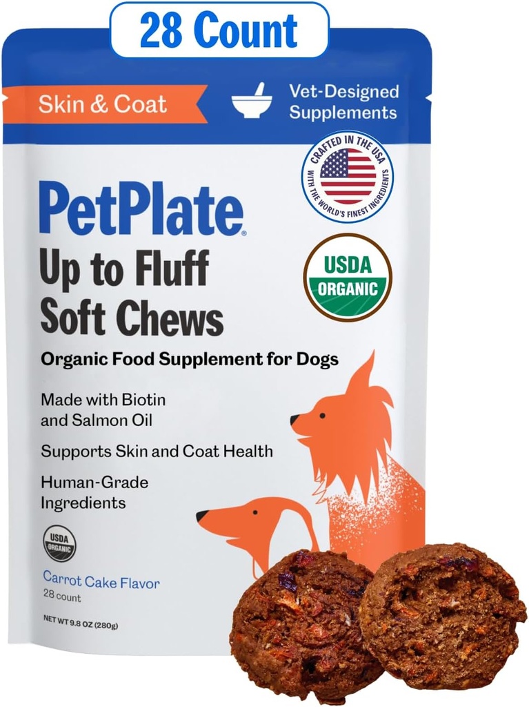 PetPlate Up to Fluff Soft Chews for Dogs, Skin & Coat Support, USDA Organic Supplement, Grain-Free, Human-Grade, Includes Salmon Oil and Biotin, Pet Supplies (Pack of 1, 9.8 Ounce)