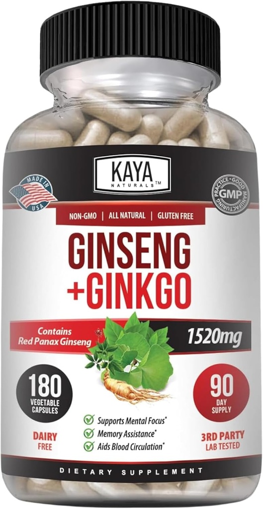 Kaya Naturals Red Panax Ginseng + Ginkgo Biloba - Ноотропні добавки для бюстгальтерів - когнітивні та концентраційні підтримки - Brain Booster, Focus та доповнення пам'яті - 180 капсули