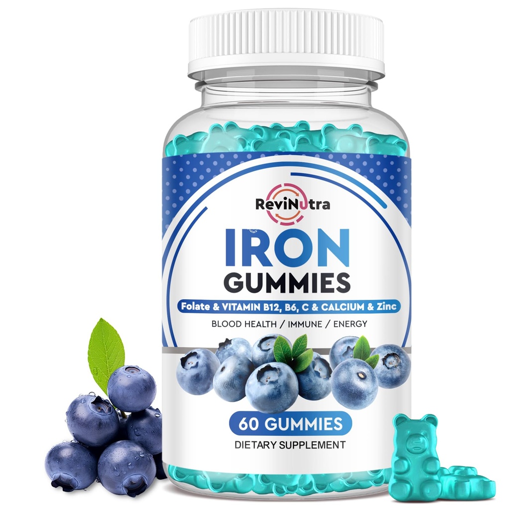 Iron Gummies - with Calcium, Zinc, Folate & Vitamin B12, C,B6 for Adults & Kids - Blood Builder & Energy Support for Iron Deficiency, Anemia, Vegan - Blueberry Flavor, 60 Gummies