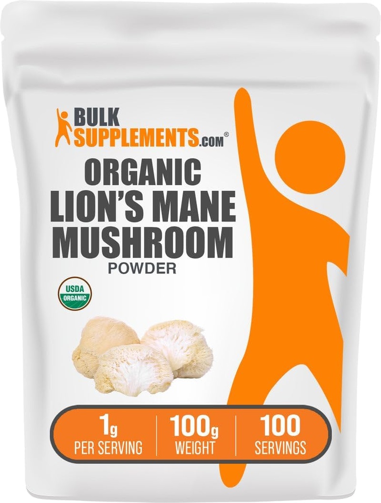 BulkSupplements.com Organic Lions Mane Порошок грибів - Lions Mane Powder, Доповнення грибів - Vegan & Gluten Free, 1г за сервірування, 100г (3.5 унції) (Pack of 1)