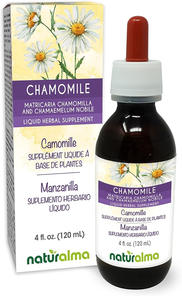 Naturalma German and Roman Chamomile (Matricaria chamomilla y Chamaemelum nobile) Flower Alcohol-Free Tintura - 4 fl oz Liquid Extract in Drops - Herbal Supplement - Vegan