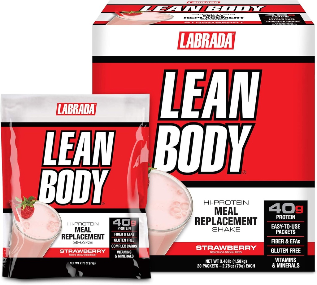 Labrada Lean Body MRP All-In-One Strawberry Meal Replacement Shake, 40g Protein, Whey Blend, 8g Fats Healthy EFA's & Fiber, 22 Vitaminas e minerais, Sen cor artificial, Gluten Free, (20 Packets)