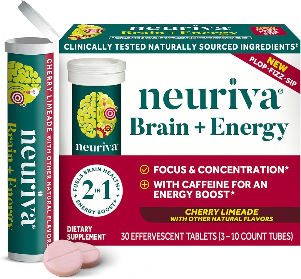NEURIVA Brain + Integratore di energia con Neurofattore clinicamente testato per Focus & Concentration, Vitamina B12, & 150mg di Caffeina per un Boost di energia immediata, 30ct Cherry Limeade Effervescent Tablet