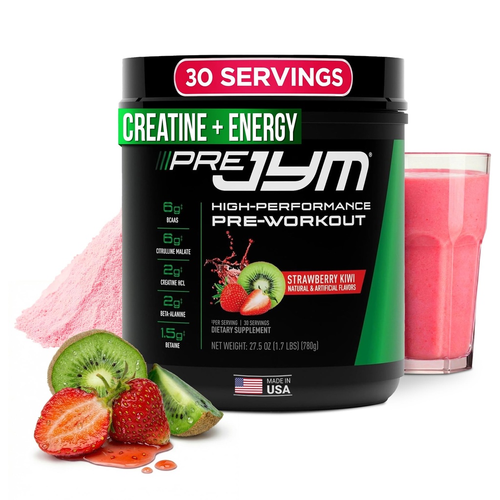 JYM Supplement Science Pre JYM Strawberry Kiwi Pre Workout Powder - BCAAs, Nootropics, Creatine HCI, Citrulline, Beta-Alanine, Betaine, Taurine, Huperzine 30 Servings