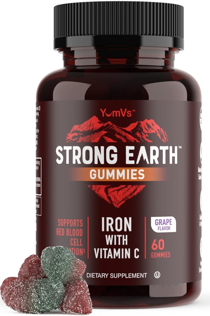 YUM-V's Strong Earth Iron with Vitamin C Gummies (60 Count) - Suplementos de ferro con vitamina C Gummy - Instrutor de sangue Anemia FE Gummies, Suplemento de ferro para mulleres e homes