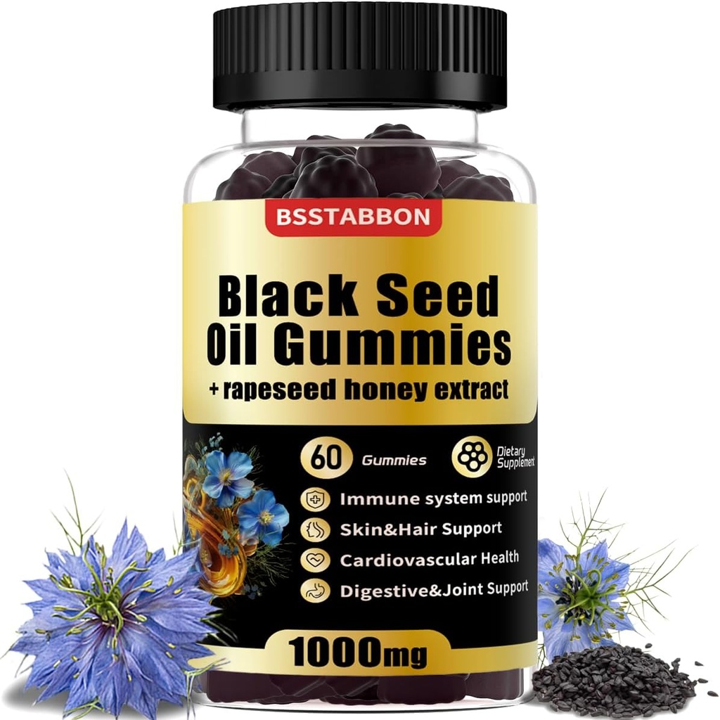 Black Seed Oil Gummies with 1000 mg Organic Black Seed Oil, 25mg tecavüze uğradı Honey Extract,Vitamin B6,B12 ve çinko for Immune System Support (60 Gummies) (60 Count)