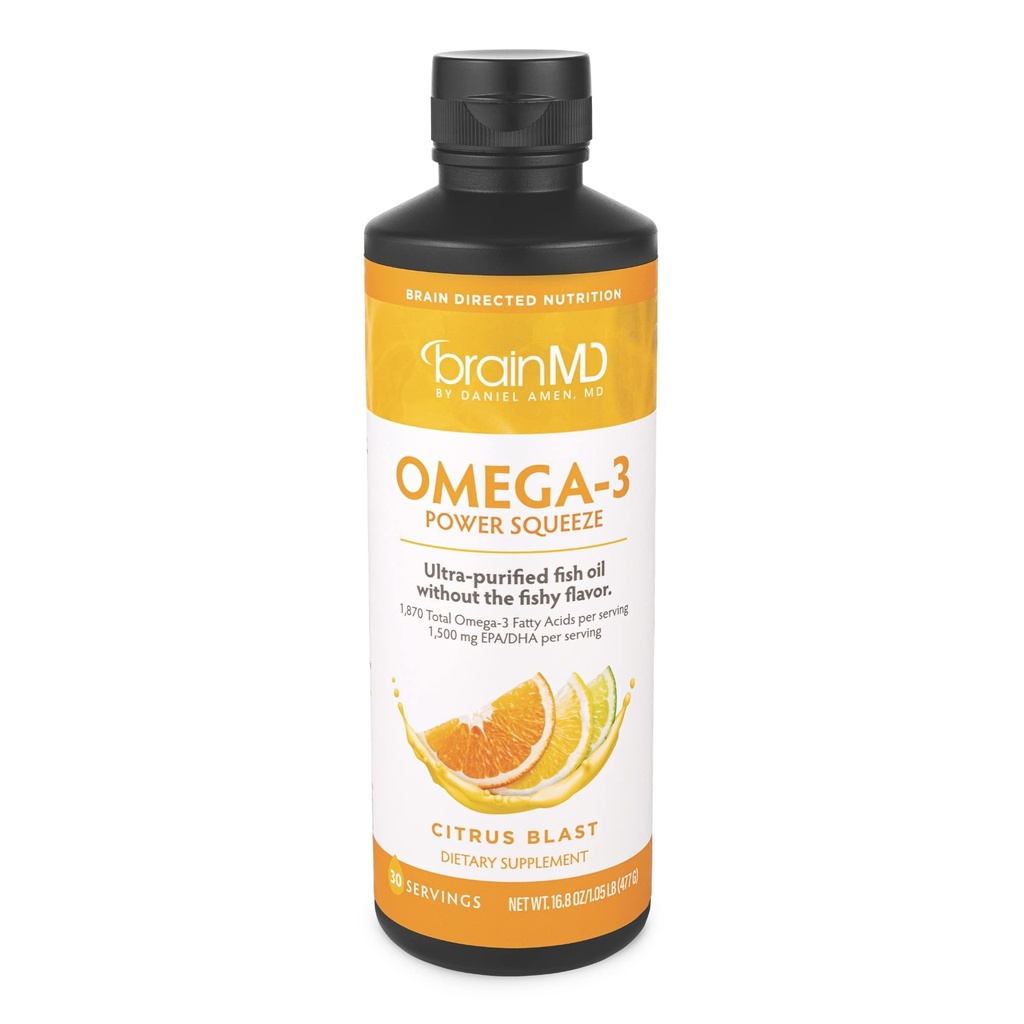 BRAINMD Dr Amen Omega-3 Power Squeeze, Citrus Blast - 16.8 oz - Fish Oil - Supports Cardiovascular, Brain & Immune System Health - Gluten Free - 30 Servings