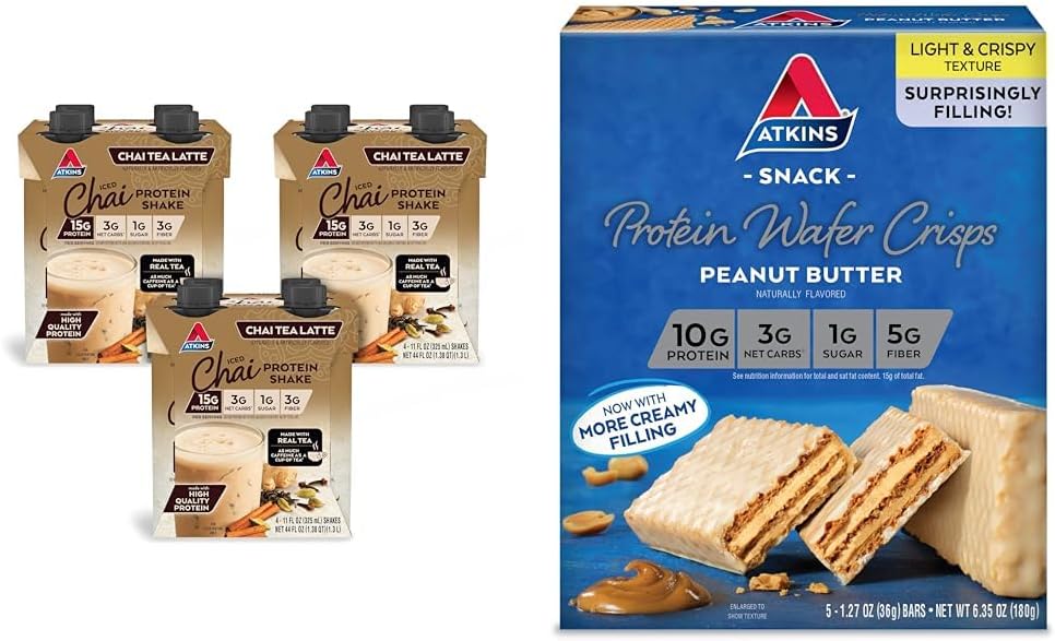 Atkins Chai Tea Latte Protein Shake dengan 15g Protein, 3g Net Carb, 1g Sugar + Atkins Peanut Butter Protein Wafin dengan 10g Protein, 4g Net Carb, 1g Sugar, 5 Count