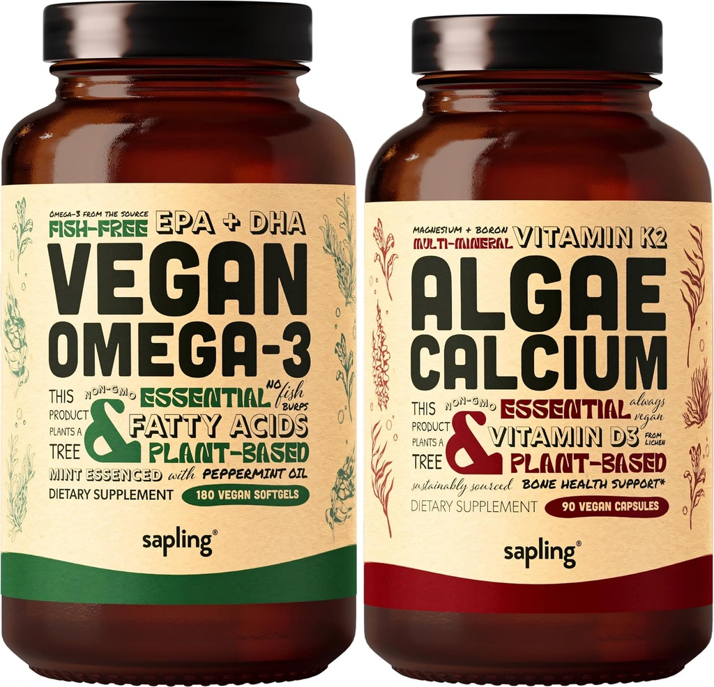 Vegan Omega 3 180 Softgels & Algae Calciu Bundle - Plant based DHA & EPA acidi grasi, Suplimentul de calciu de la Red Algae cu vitamina K2 & D3, Magneziu, zinc, Bor, Complex mineral