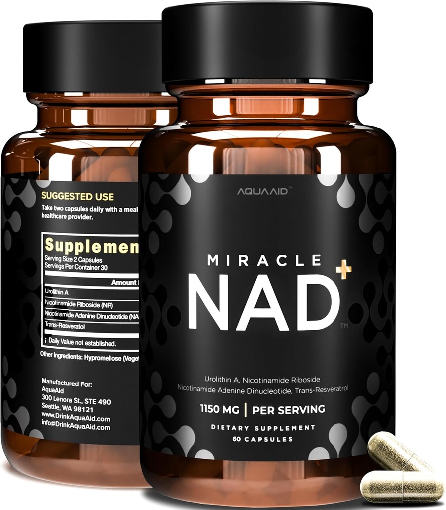 Miracle NAD + Supplement - Urolithin A, Nicotinamid Riboside NR, NAD, Trans Resveratrol 1150 mg for mænd og kvinder - Anti Aging, Cellular Repair, NMN Alternative - 3. part Testede 60 kapsler