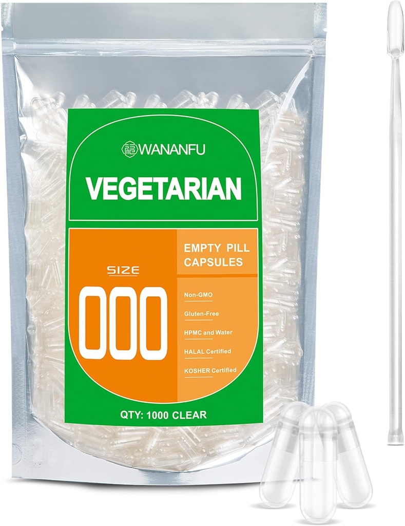 wananfu Size 000 capsule vuote vegetariano (1000 conte) Bundle con Micro Lab Spoon, Clear Fillable Veggie Pill Capsule 000 per fare i vostri supplementi