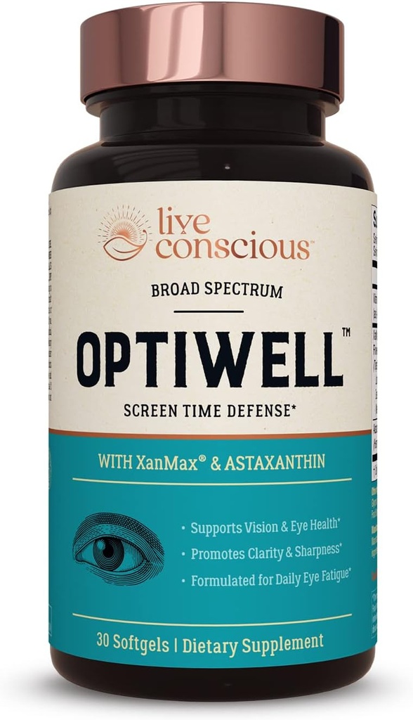 Live Conscious Eye Vitamins Select AREDS 2 Osagaiak E, Lutein eta Astaxanthin bitaminarekin - OptiWell Eye Health Supplement eta Blue Light Support - 30 Softgel