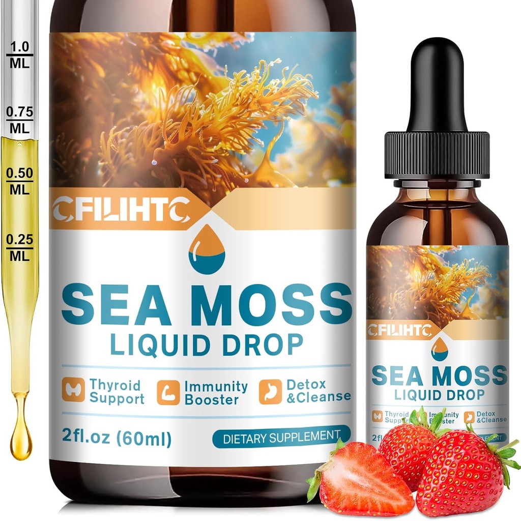 Sea Moss Folyékony cseppentő, Ír-tenger Moss Soursop Black Elderberry Ashwagandha Burdock Root - Multivitaminok Seamoss Folyékony cseppentő Antioxidáns, Immun, Skin Gut Health, 2 Fl Oz