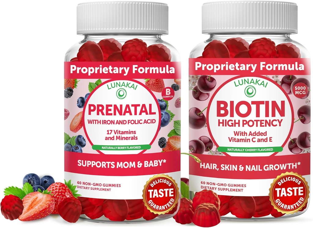 Lunakai Biotinas ir Prenatal Bundl - Plaukų odos ir nagų augimo papildas su vitaminu C ir E - Nėštumas Multivitaminų Gummy su geležies ir folio rūgšties - 30 dienų tiekimo