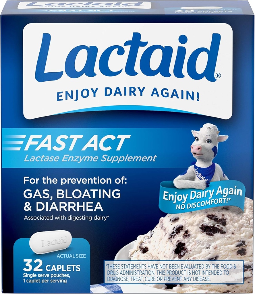 Lactaid Fast Act Lactose Intolerance Caplets di sollievo con Lactase Enzyme, 32 pacchetti di viaggio di 1-ct.