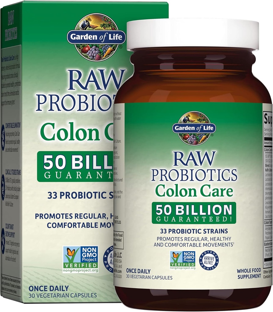 Garden of Life Probiotics for Women and Men - Raw Probiotics Colon Care 50 Billion CFU and Enzymes, Raw Fruits, Veggies, Una volta Daily Acidophilus Probiotics for Regularity and Immune Health - 30 Capsule