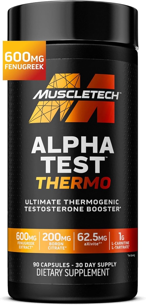 MuscleTech Thermogenic Testosteron Booster for Men, AlphaTest Thermo - T-Boost Mens Supplement med Tribulus Terrestris - Manligt gym träningstillskott för muskeltillväxt, Stamina & Energy - 90 piller