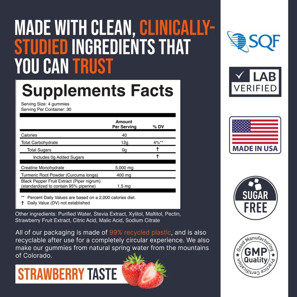 EcoWise Wellness Creatine Monohydrate Gummies 5000 mg, Chewables for Men & Women, Sugar Free Gummies - 121 Count, Fresh Strawberry