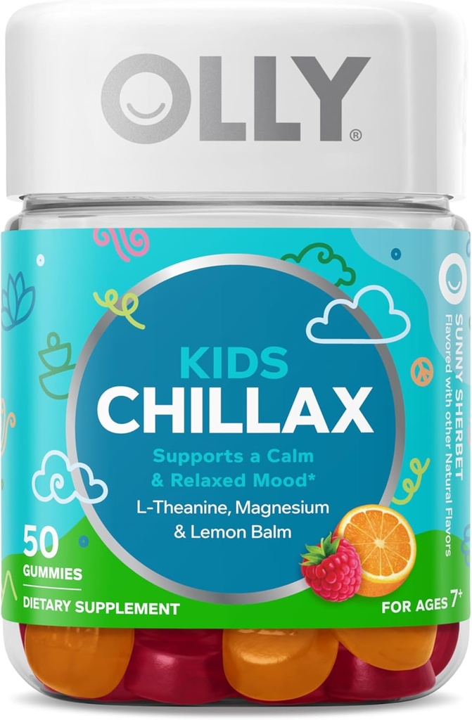 OLLY Kids Chillax Gummies, Magnesium, L- Theanine, Lemon Balm, Chewable Supplement, Sherbet Flavor