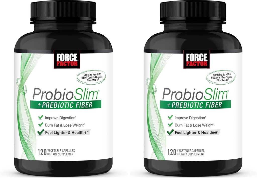 Force Factor ProbioSlim + Prebiotic Fibră pierdere în greutate Supliment pentru femei și bărbați, Probiotic și Prebiotic Digestive de asistență medicală cu extract de ceai verde și Psyllium Husk Fiber, 120 capsule