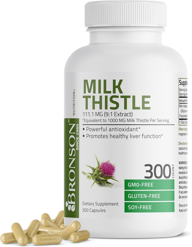 Bronson Milk Thistle 1000 MG Silybum Marianum Antioxidant & Liver Health Support - Non-GMO, 300 cápsulas